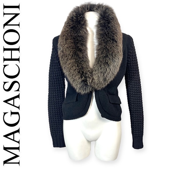 Magaschoni Genuine Fox Fur Collar Wool Alpaca Cashmere Blazer Cardigan Jacket XS - Picture 2 of 16
